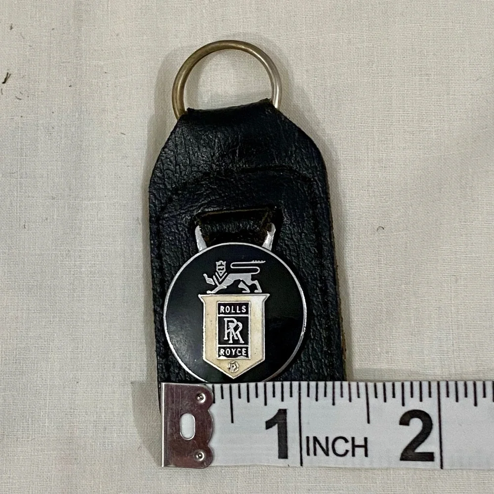 Rolls Royce Vintage 70s Leather Key Fob Men OS Black Enamel Logo Made In England